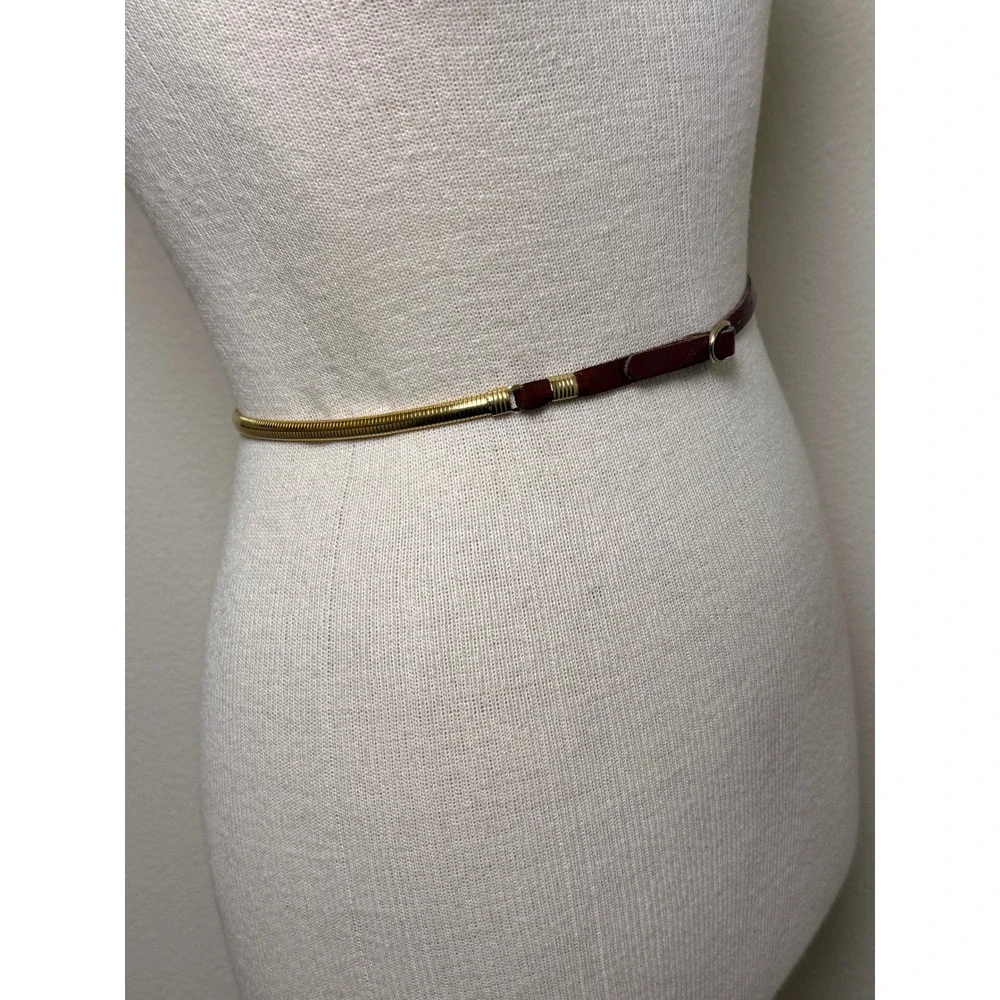 Vintage 1970's Gold Tone Snake Chain Belt Brown Leather‎ Retro Skinny Metallic